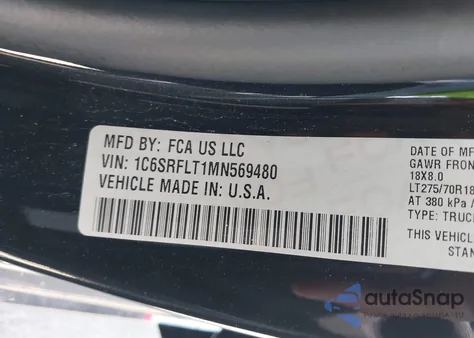 2021 Ram 1500 Rebel 4X4 5'7 Box z USA, uszkodzony, nr VIN 1C6SRFLT1MN569480